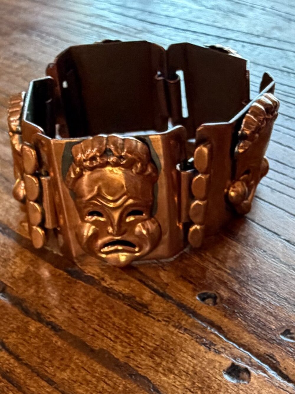 Renoir Vintage Copper Theatre Drama Comedy Tragedy Mask Panel Bracelet